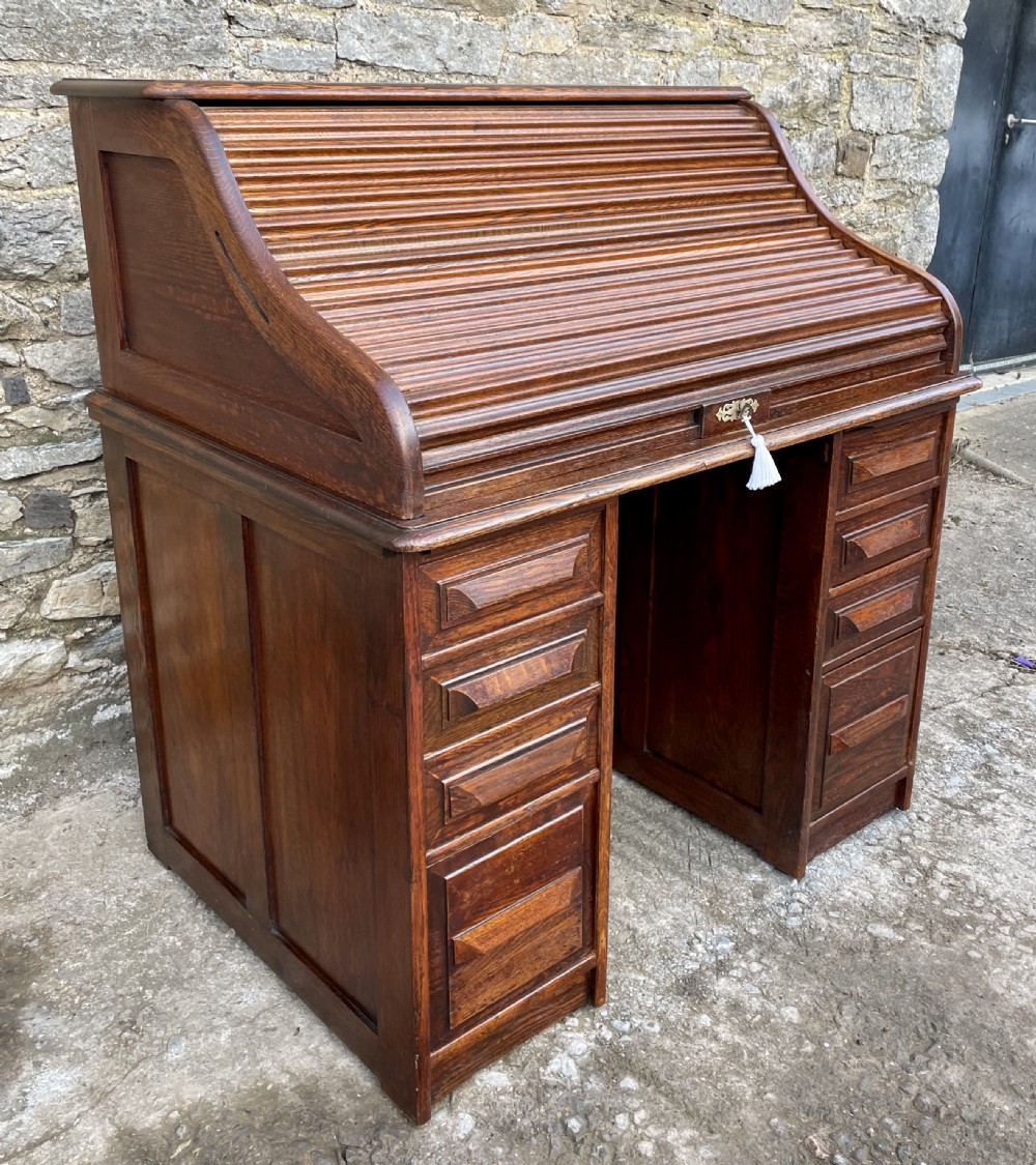 Antique Oak Roll Top Tambour Desk View VI