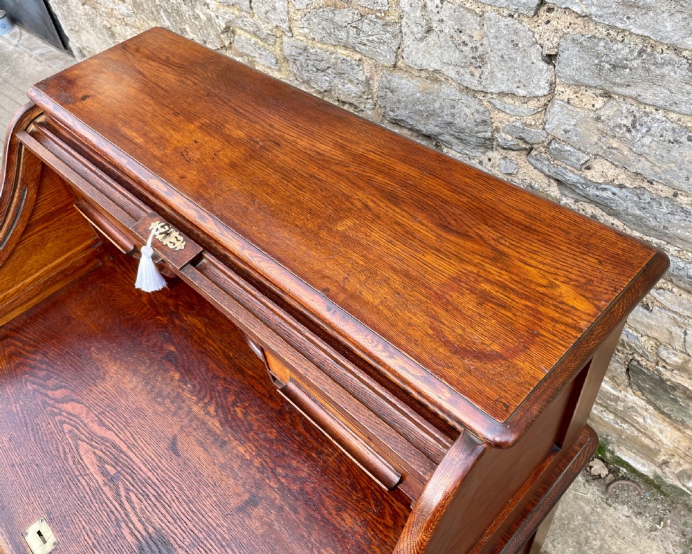 Antique Oak Roll Top Tambour Desk View XV