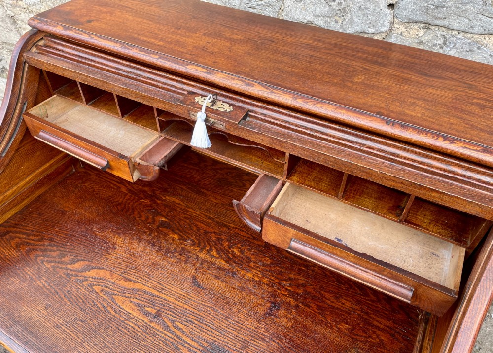Antique Oak Roll Top Tambour Desk View XVI