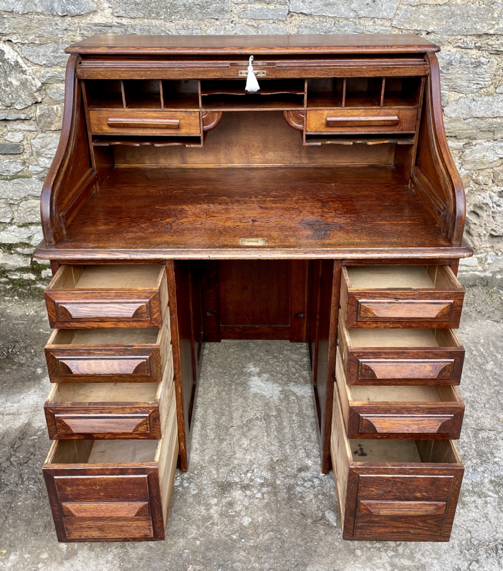 Antique Oak Roll Top Tambour Desk View XX