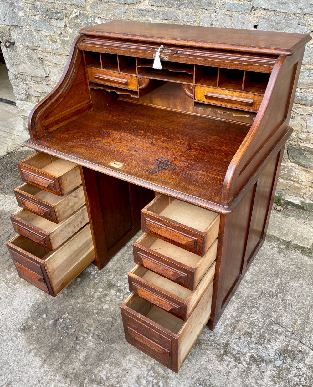 Antique Oak Roll Top Tambour Desk View XXIII