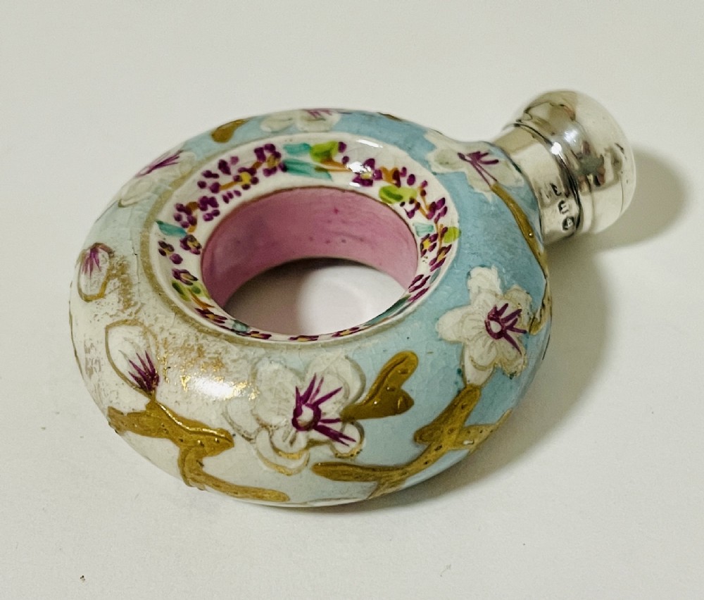 Victorian Porcelain Ring Scent Bottle with Silver Top