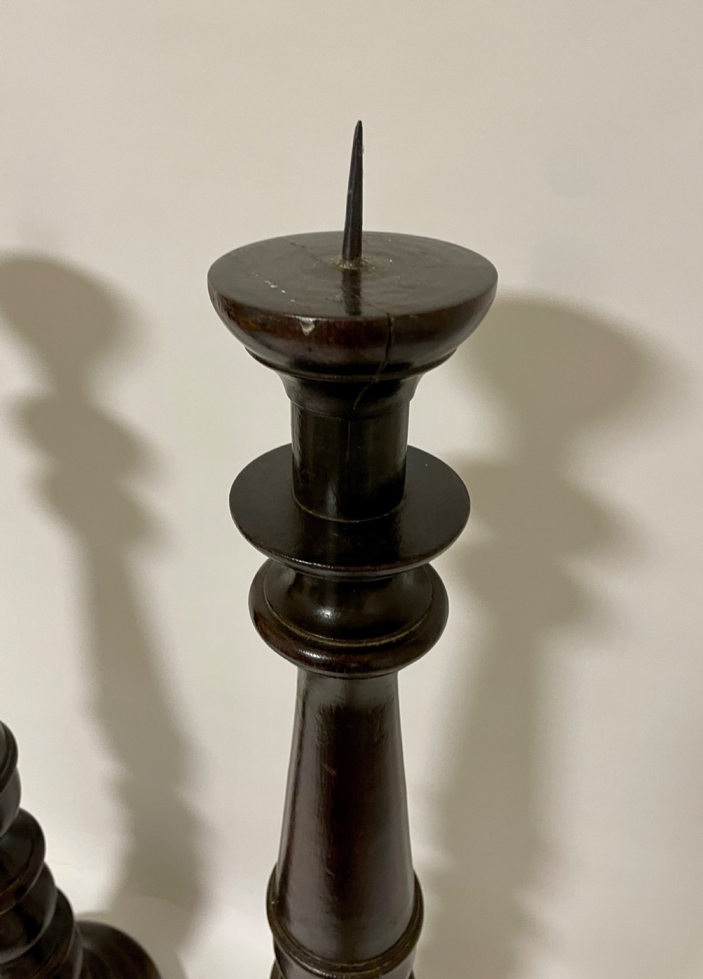 Pair of Large Victorian Turned Oak Pricket Candlesticks View VIII