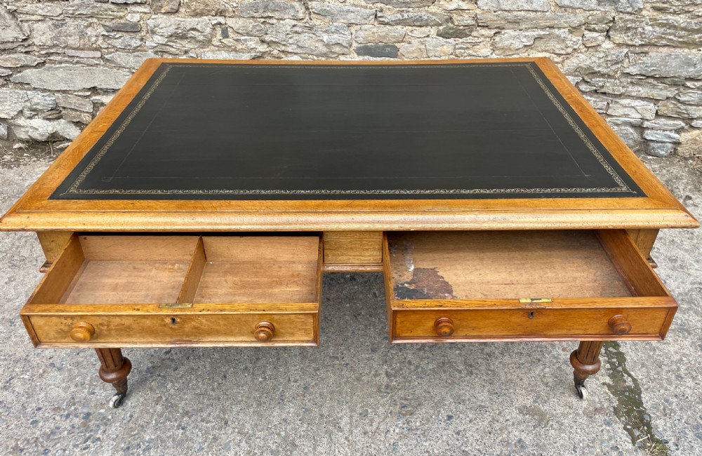 Victorian Golden Oak Partners Library Desk View VIII