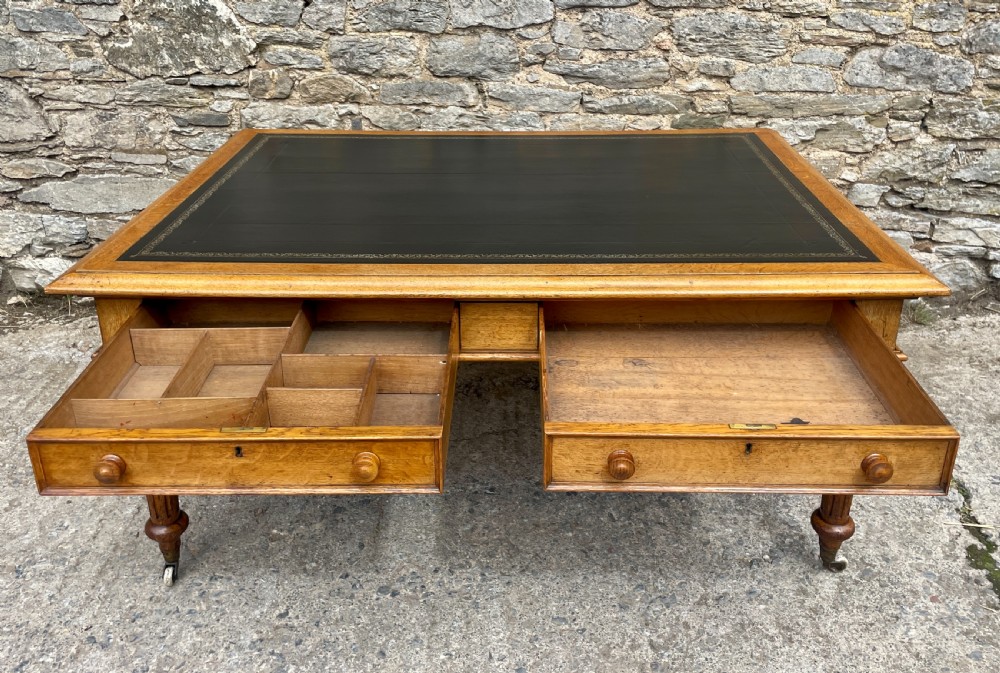 Victorian Golden Oak Partners Library Desk View XVIII