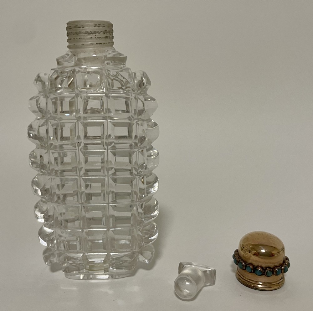 Victorian Cut Glass Scent Bottle with Gold and Turquoise Top View XIV