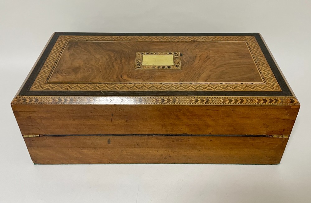 Victorian Walnut Tunbridge Ware Writing Slope with Secret Drawers View IV