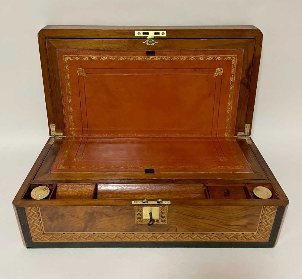 Victorian Walnut Tunbridge Ware Writing Slope with Secret Drawers