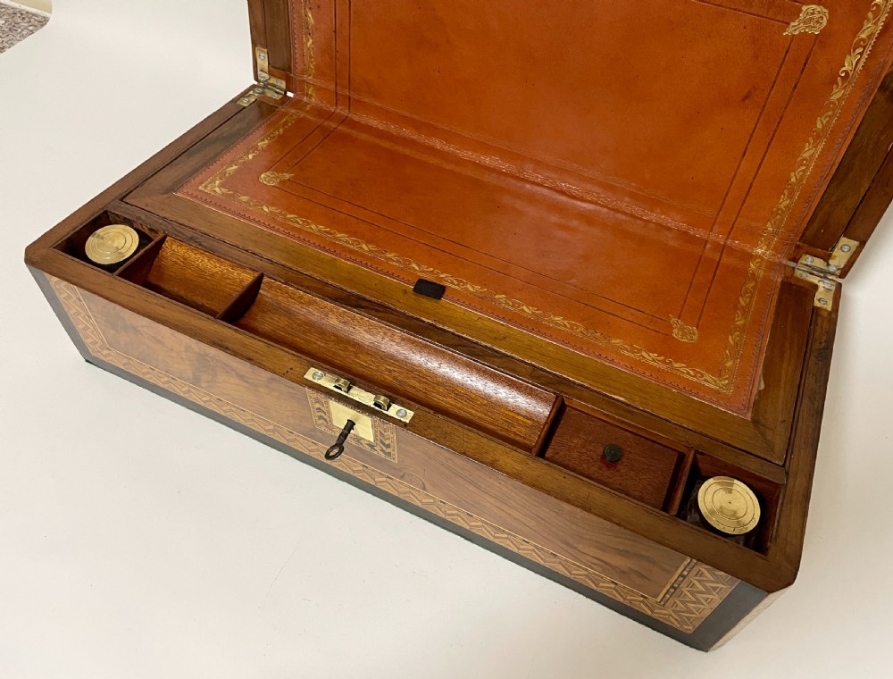 Victorian Walnut Tunbridge Ware Writing Slope with Secret Drawers View XV