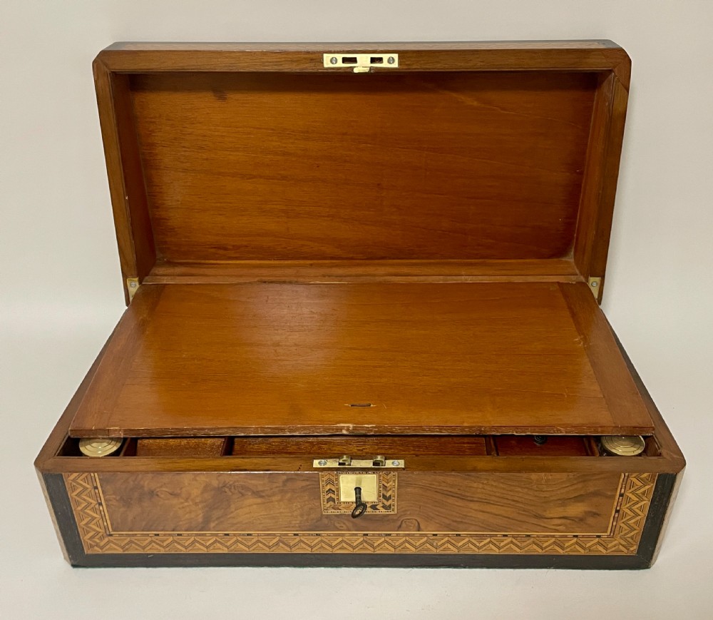 Victorian Walnut Tunbridge Ware Writing Slope with Secret Drawers View XVI