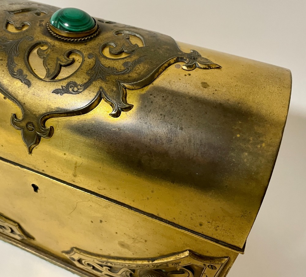 Victorian Gilt Brass Casket with Malachite Cabochons View XI