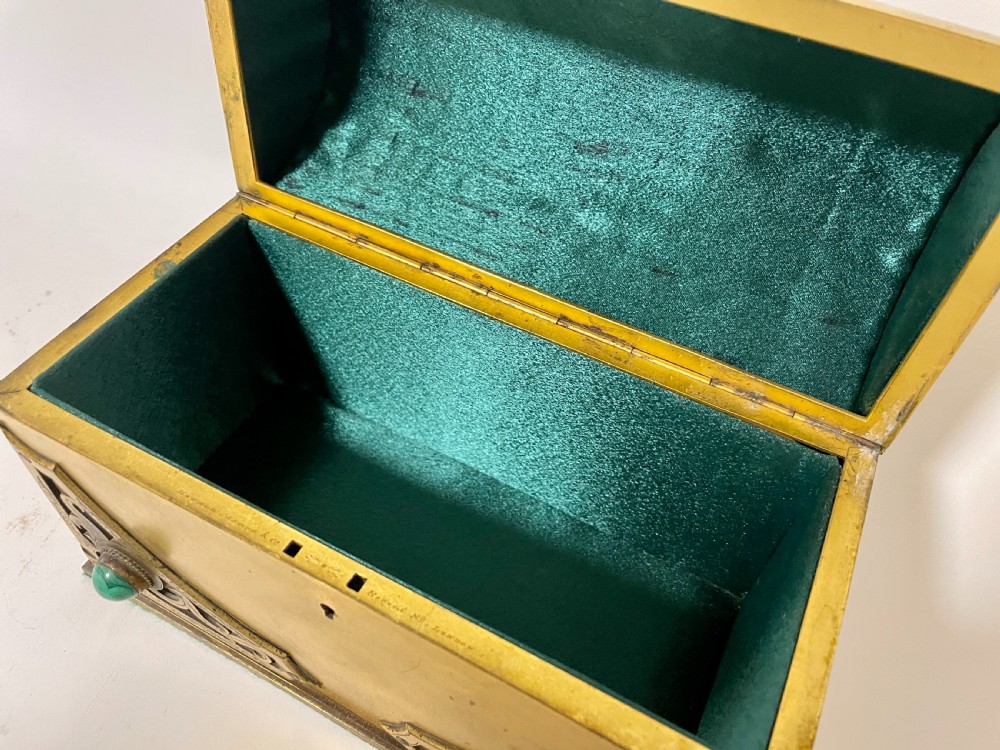 Victorian Gilt Brass Casket with Malachite Cabochons View XVI