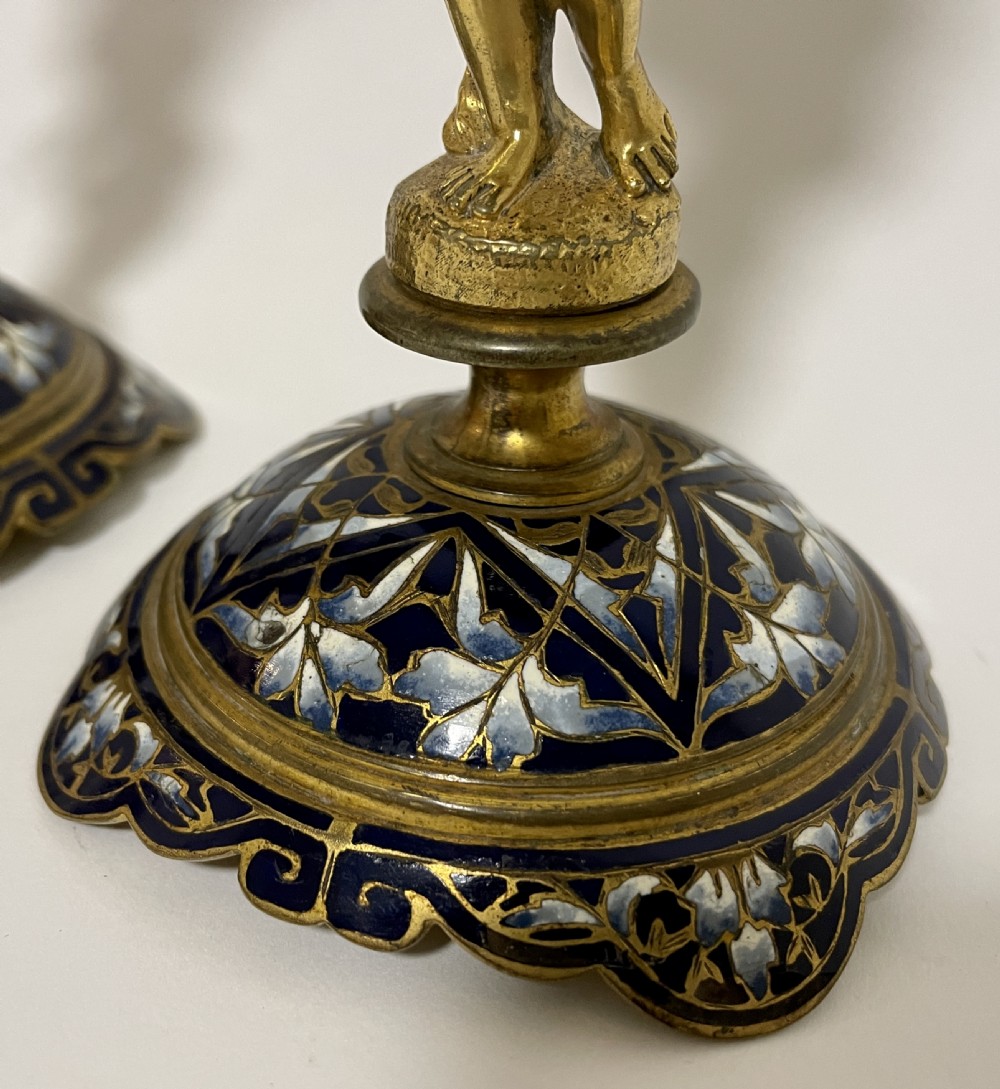 Pair of Antique Gilt and Enamel Putti Candlesticks View II