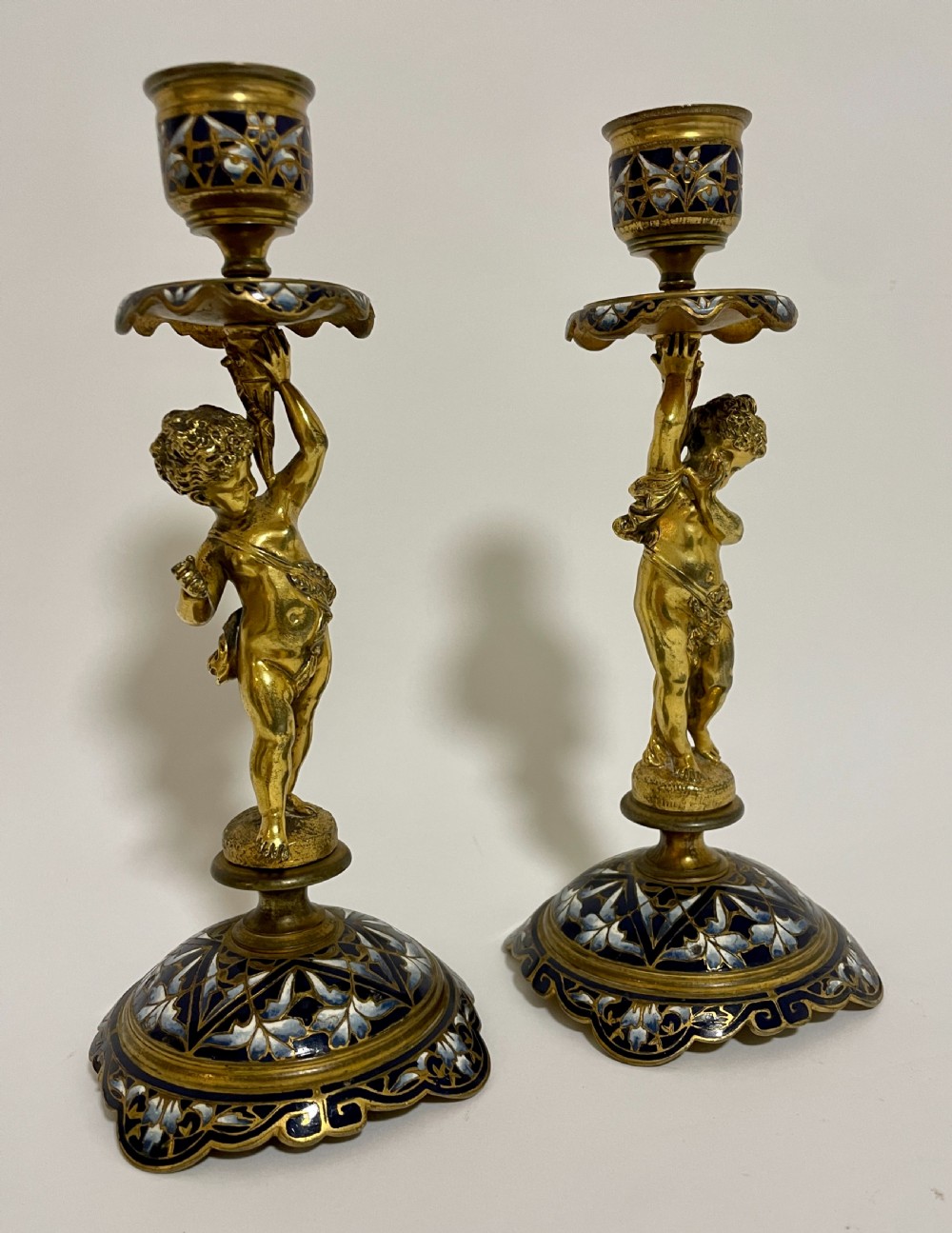 Pair of Antique Gilt and Enamel Putti Candlesticks View IV