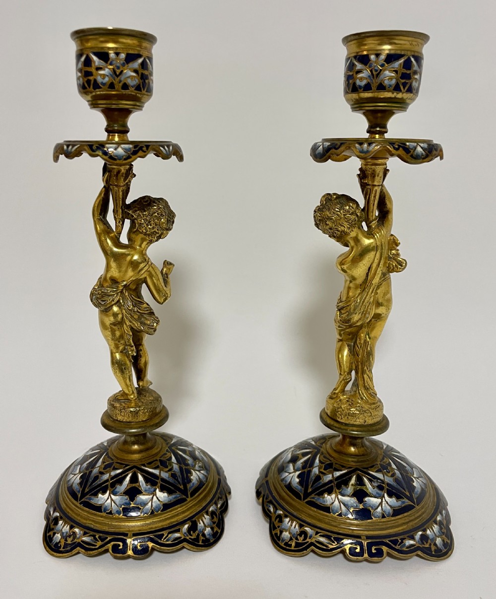 Pair of Antique Gilt and Enamel Putti Candlesticks View VIII