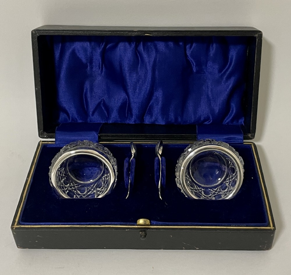 Antique Glass Salts and Silver Spoons in Box