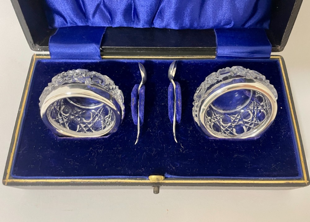 Antique Glass Salts and Silver Spoons in Box View II