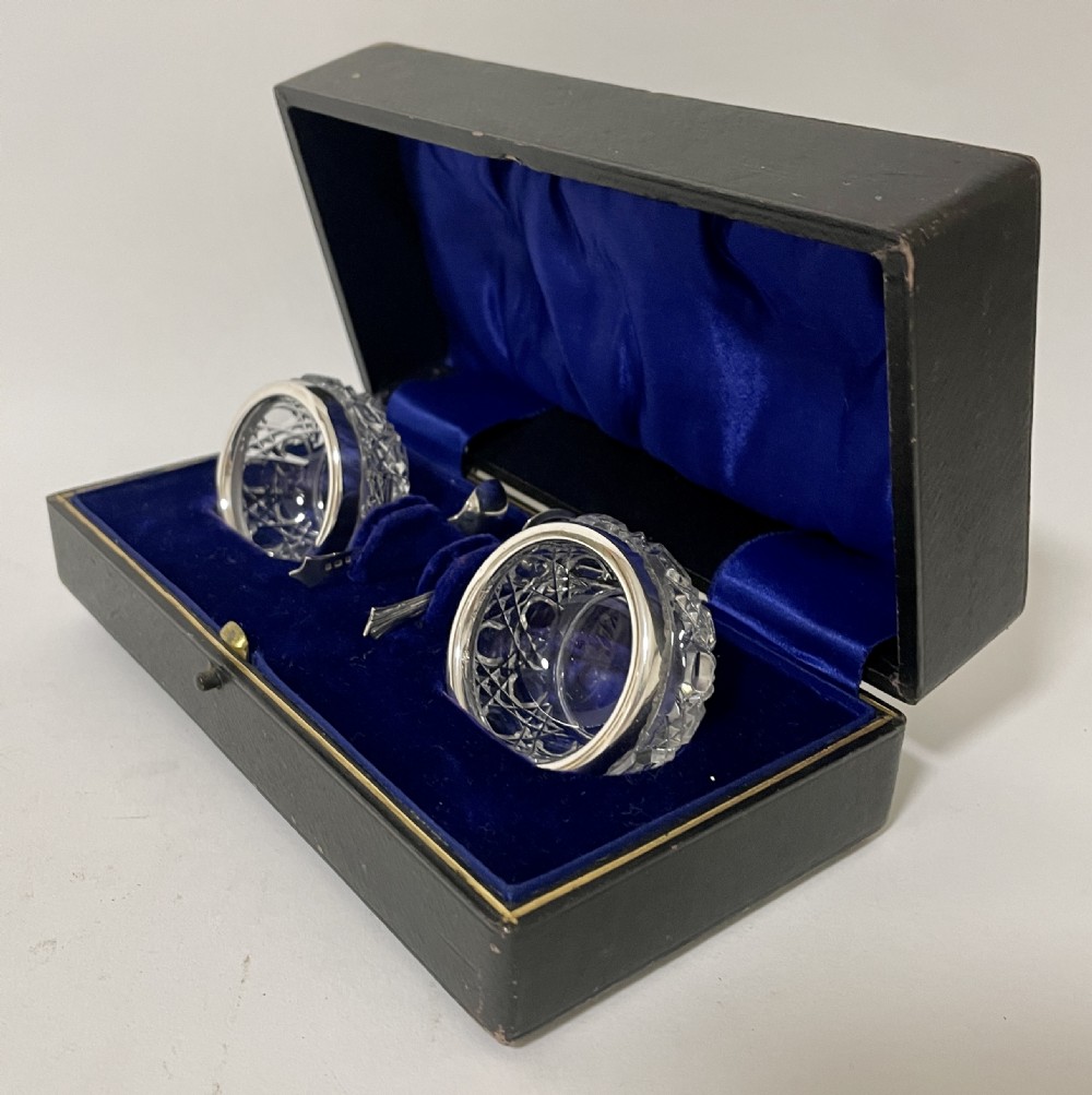 Antique Glass Salts and Silver Spoons in Box View III