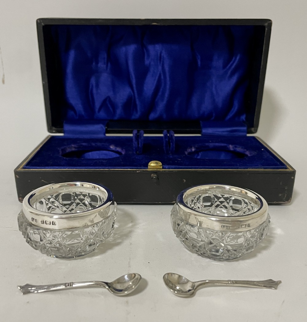 Antique Glass Salts and Silver Spoons in Box View IV