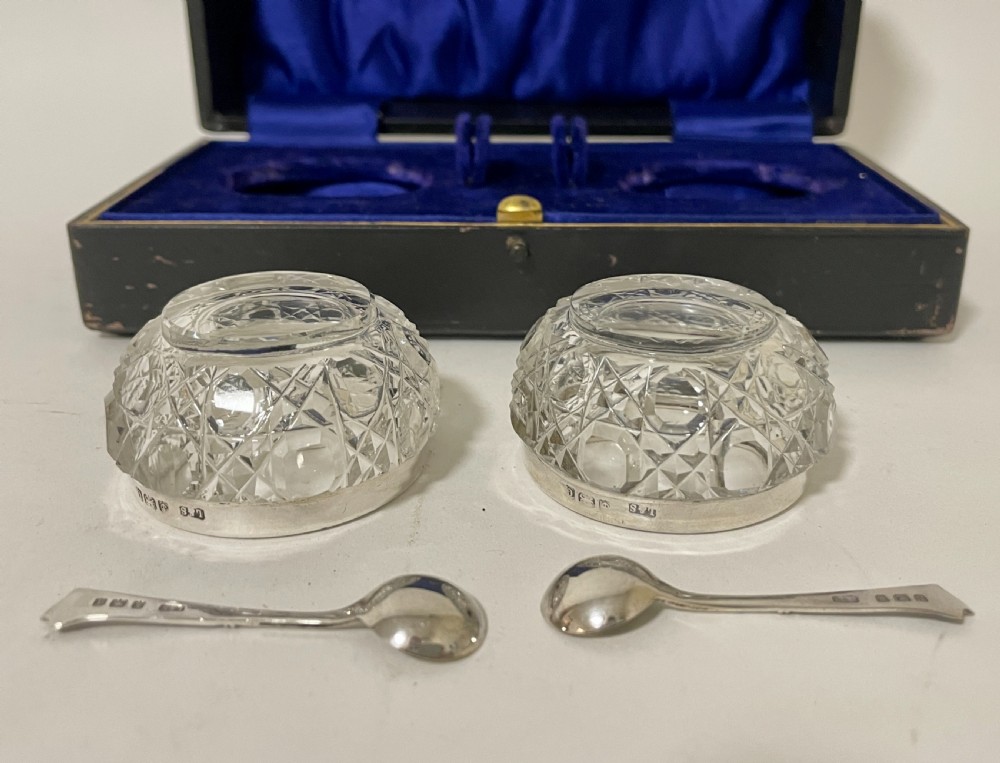 Antique Glass Salts and Silver Spoons in Box View X