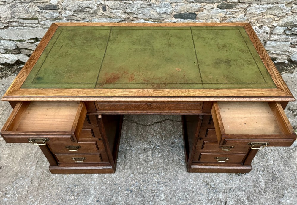 Large Edwardian Oak Partners Desk View XVII