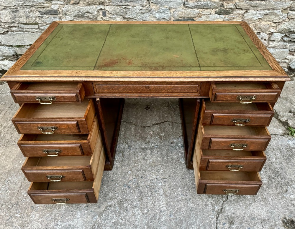 Large Edwardian Oak Partners Desk View XVIII
