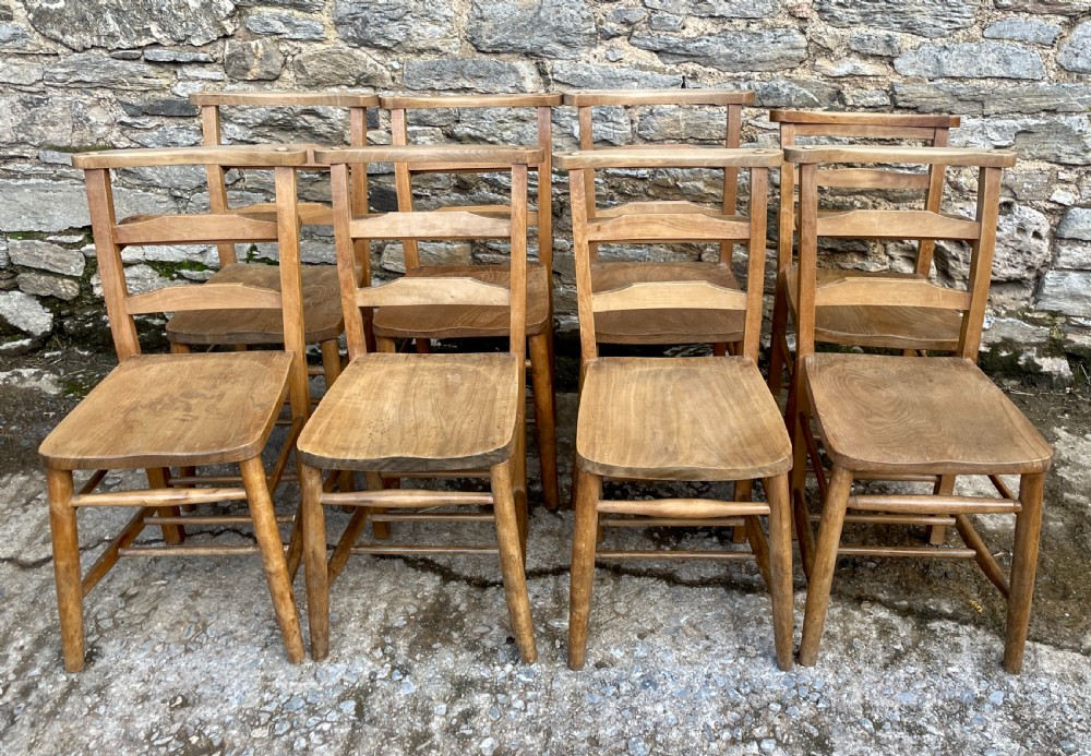Set of 8 Antique Elm Chapel Chairs