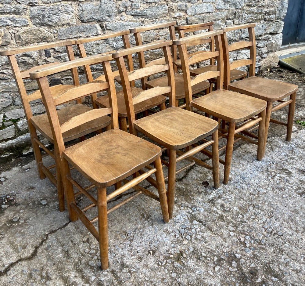 Set of 8 Antique Elm Chapel Chairs View II