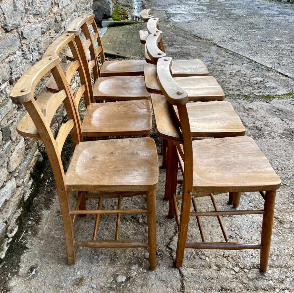 Set of 8 Antique Elm Chapel Chairs View IV