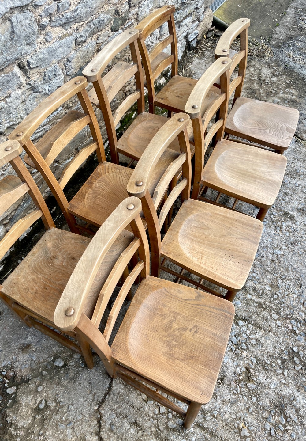 Set of 8 Antique Elm Chapel Chairs View V