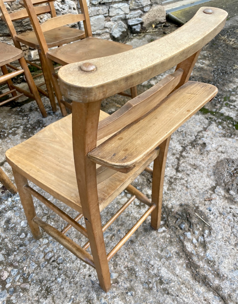 Set of 8 Antique Elm Chapel Chairs View VIII