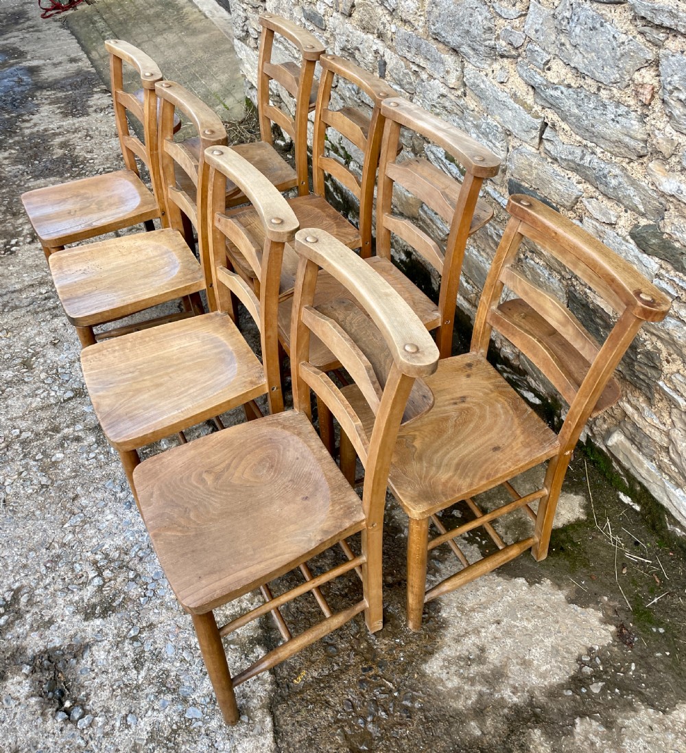 Set of 8 Antique Elm Chapel Chairs View IX