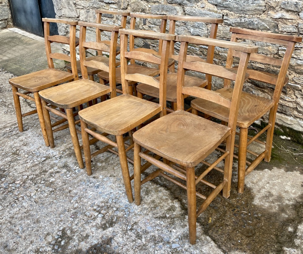 Set of 8 Antique Elm Chapel Chairs View XII