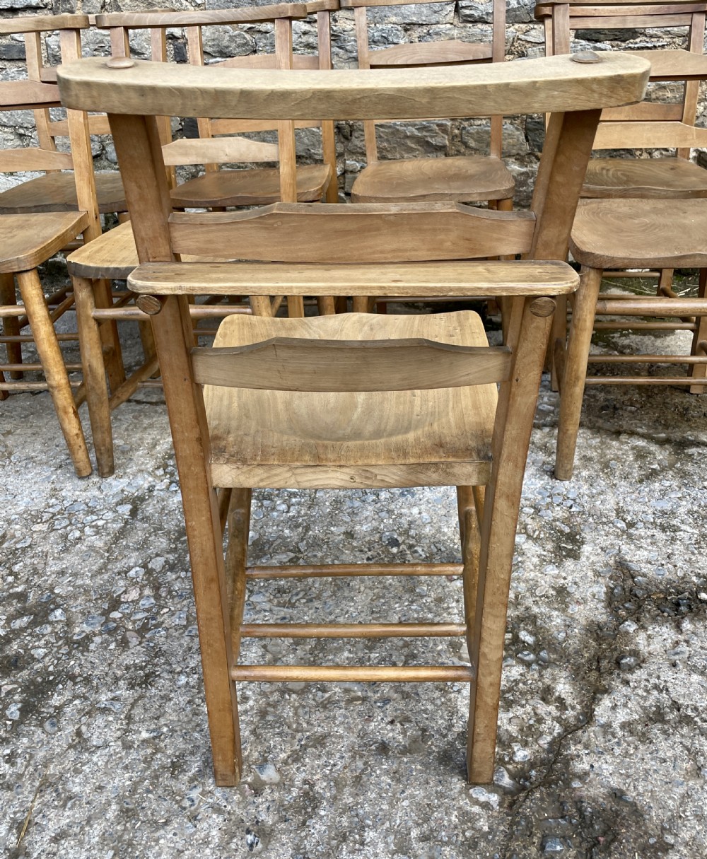 Set of 8 Antique Elm Chapel Chairs View XIII