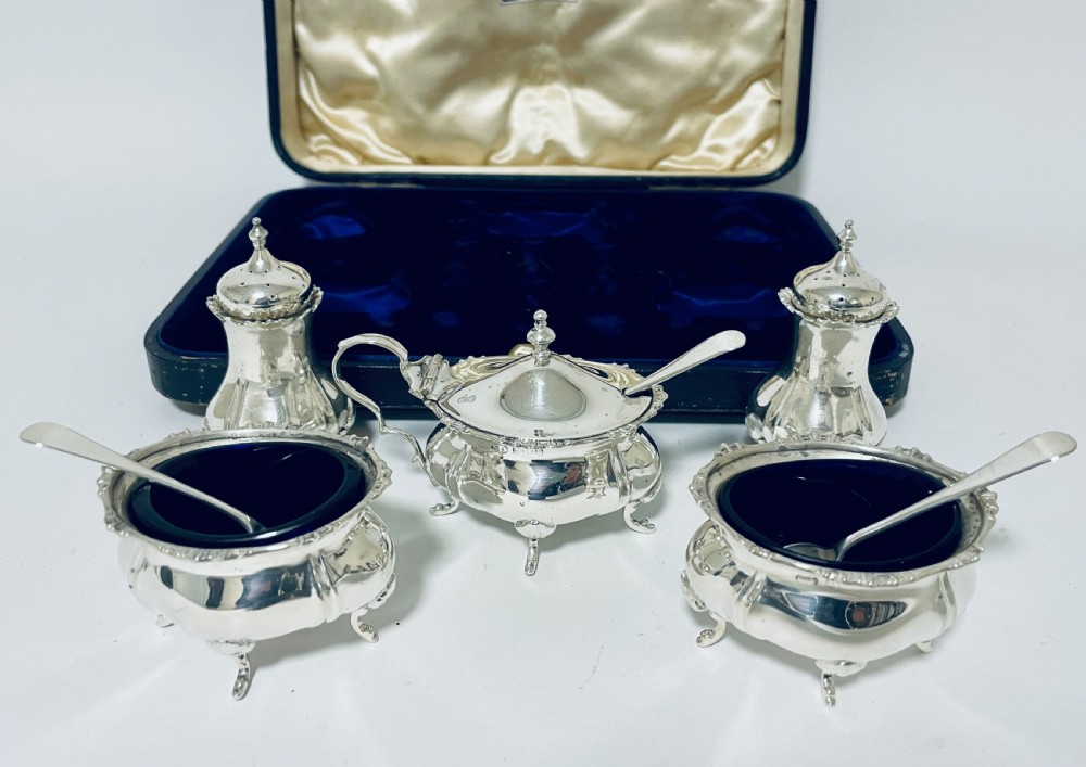 Antique Silver Five Piece Cruet Set View X