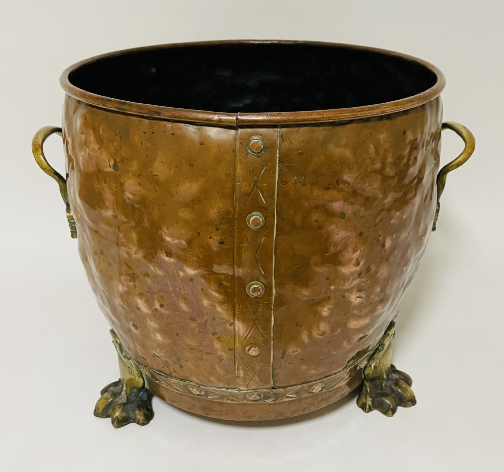 Antique Riveted Copper Bin with Lions Paw Feet