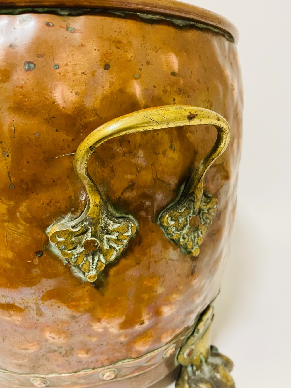 Antique Riveted Copper Bin with Lions Paw Feet View X