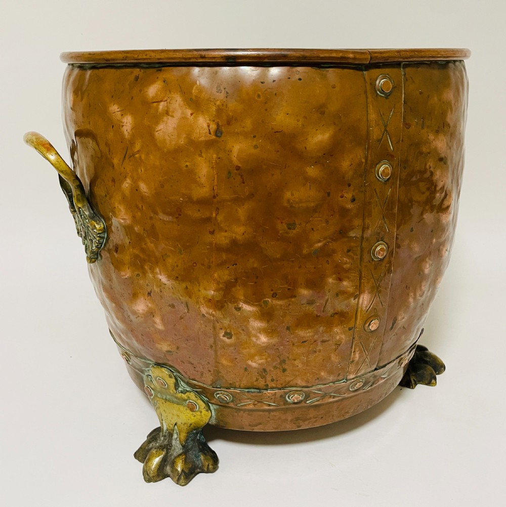Antique Riveted Copper Bin with Lions Paw Feet View XI