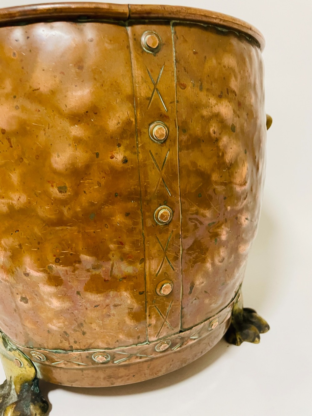 Antique Riveted Copper Bin with Lions Paw Feet View XII