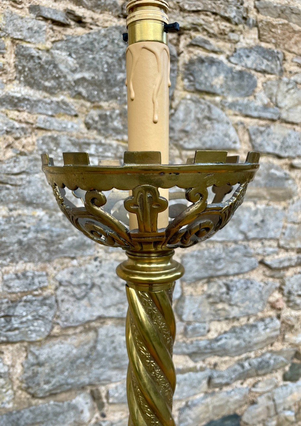 Pair of Large Victorian Brass Altar Candlesticks Converted to Electric View IV