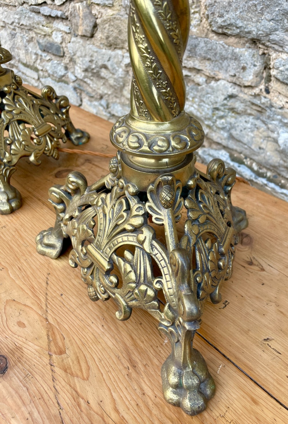 Pair of Large Victorian Brass Altar Candlesticks Converted to Electric View V
