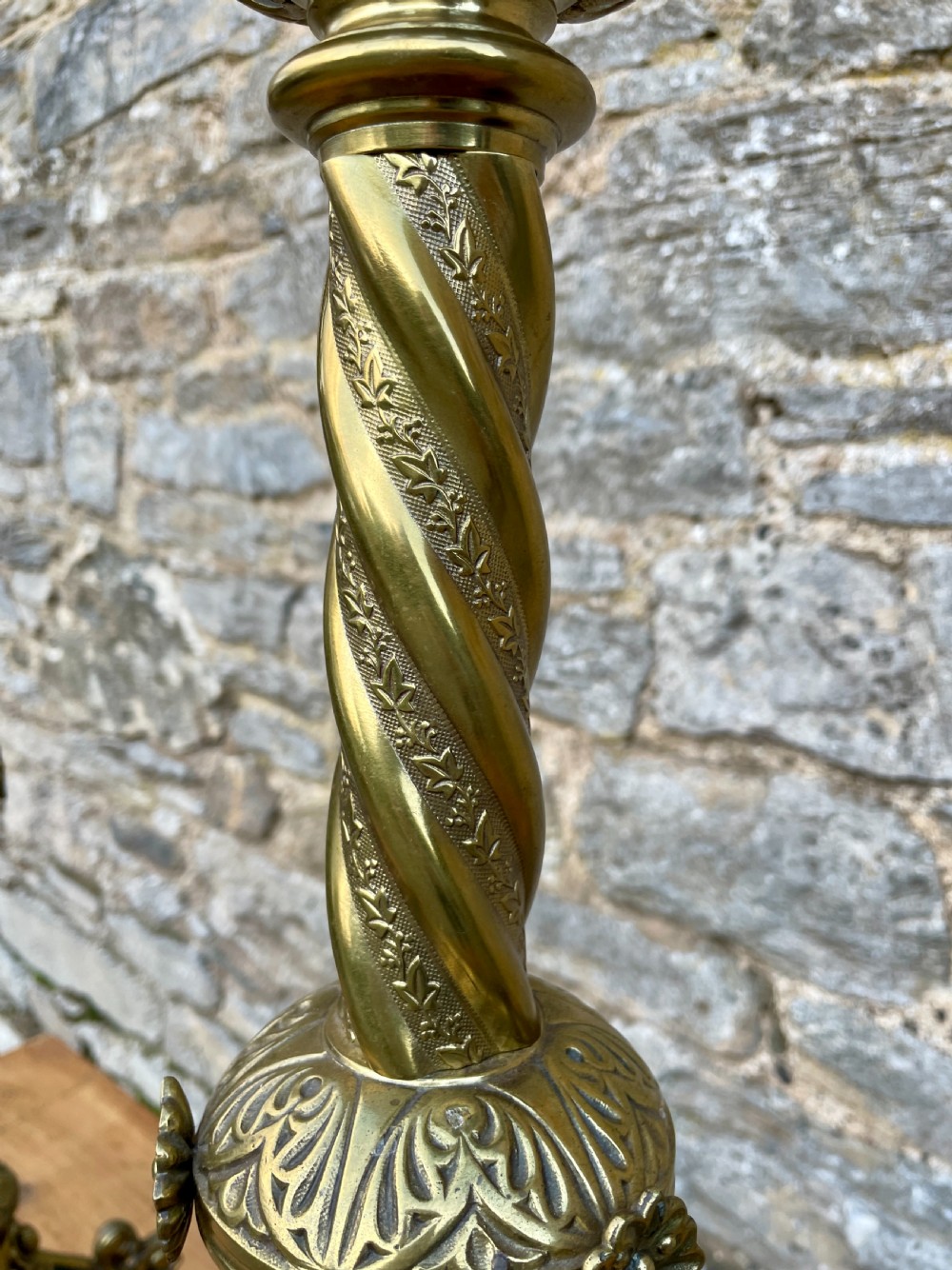 Pair of Large Victorian Brass Altar Candlesticks Converted to Electric View VI