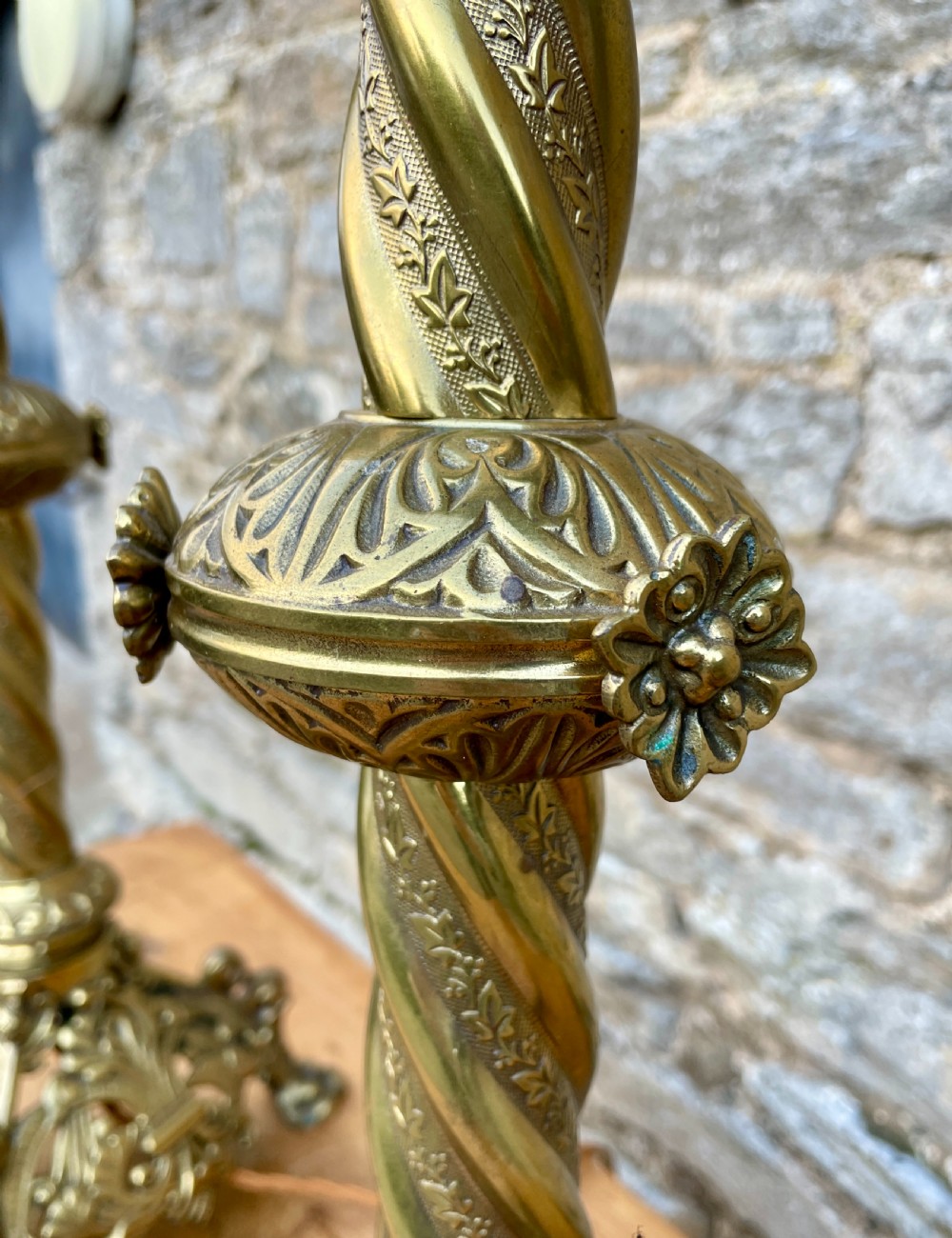 Pair of Large Victorian Brass Altar Candlesticks Converted to Electric View VIII