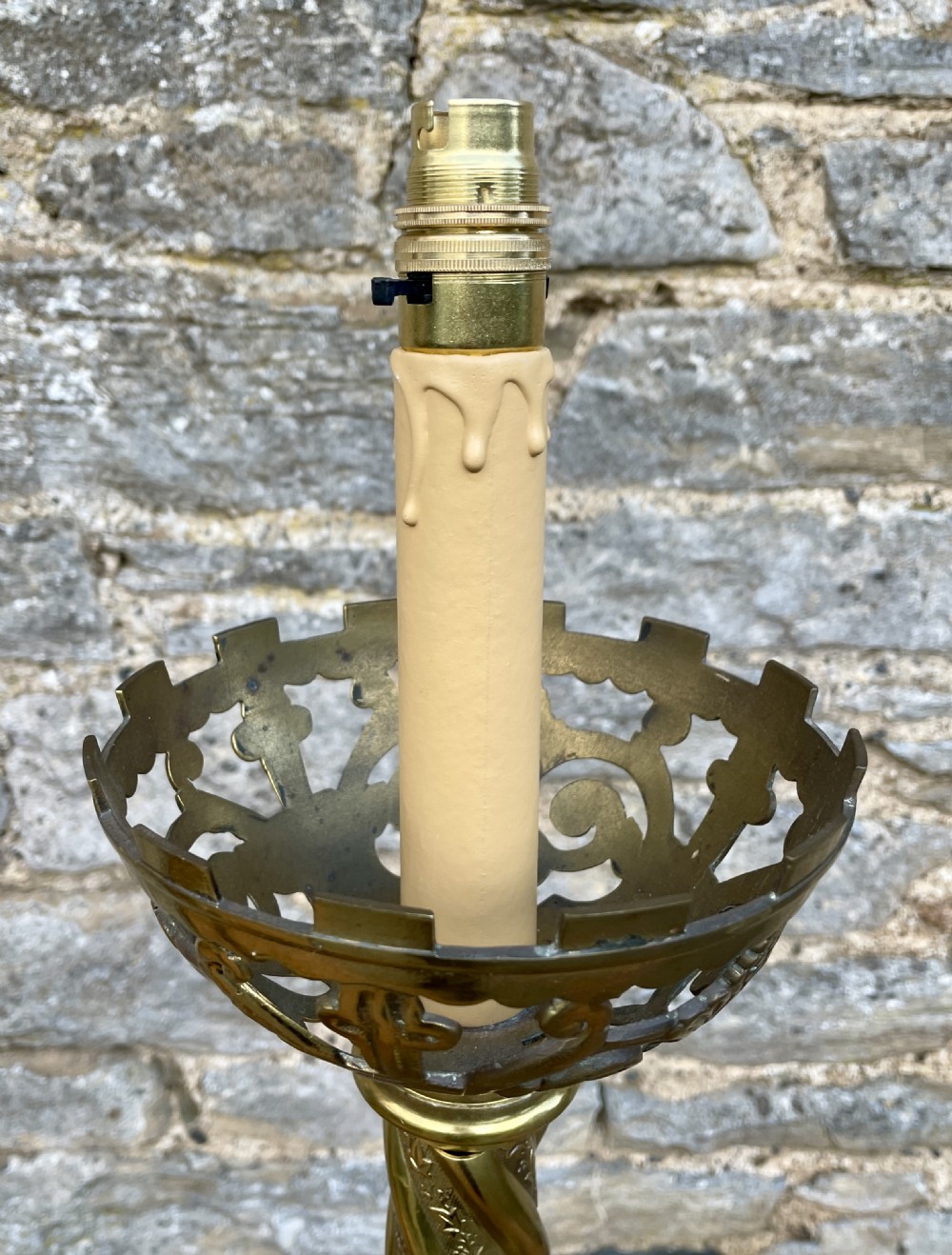 Pair of Large Victorian Brass Altar Candlesticks Converted to Electric View X