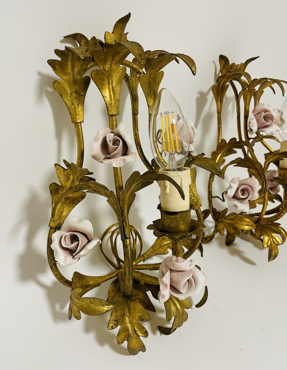 Pair of Gilt Toleware and Ceramic Wall Lights View III