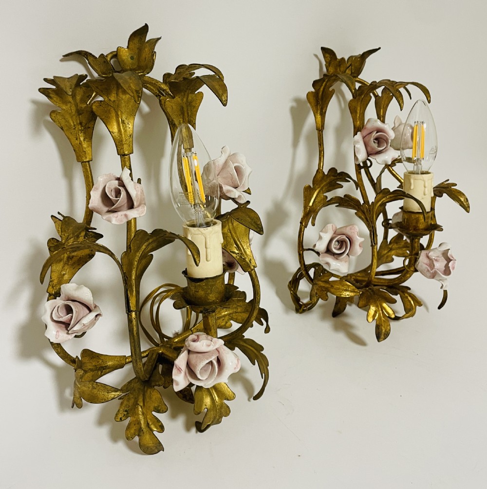 Pair of Gilt Toleware and Ceramic Wall Lights View IV