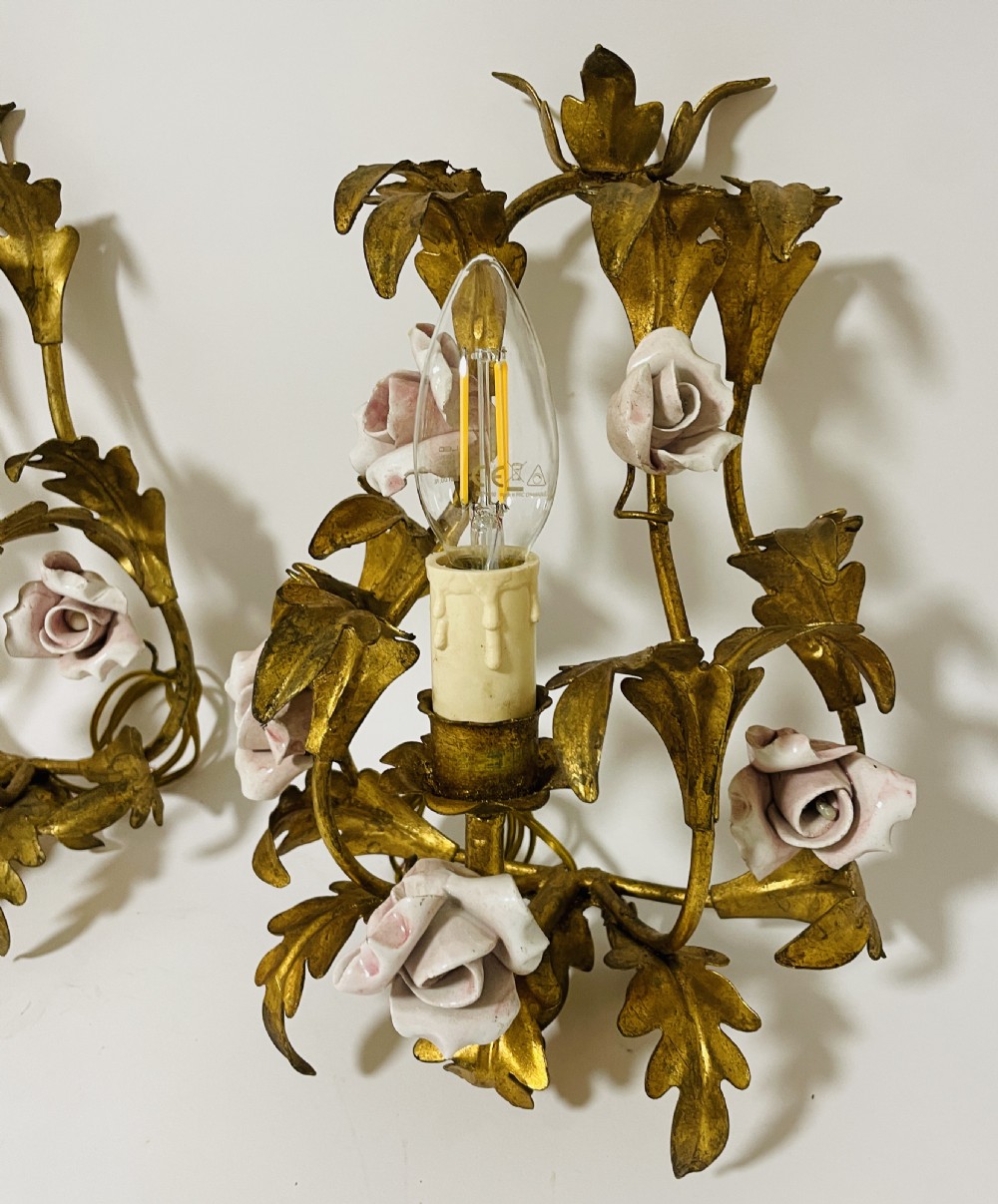 Pair of Gilt Toleware and Ceramic Wall Lights View V