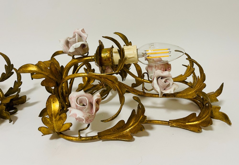 Pair of Gilt Toleware and Ceramic Wall Lights View IX