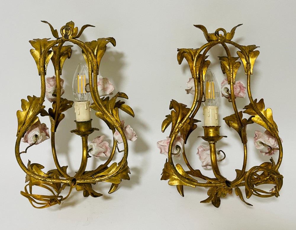 Pair of Gilt Toleware and Ceramic Wall Lights View XIII