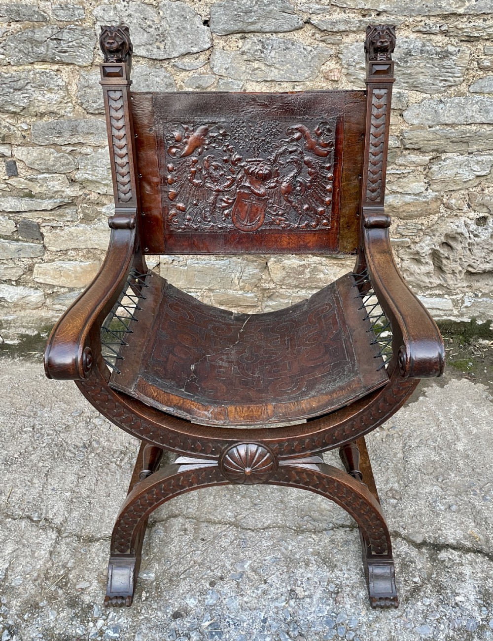 Antique Continental X-Frame Carved Oak Throne